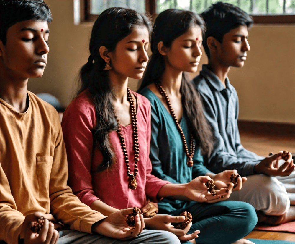 An image of students meditating with Rudraksha beads, embodying focus and concentration